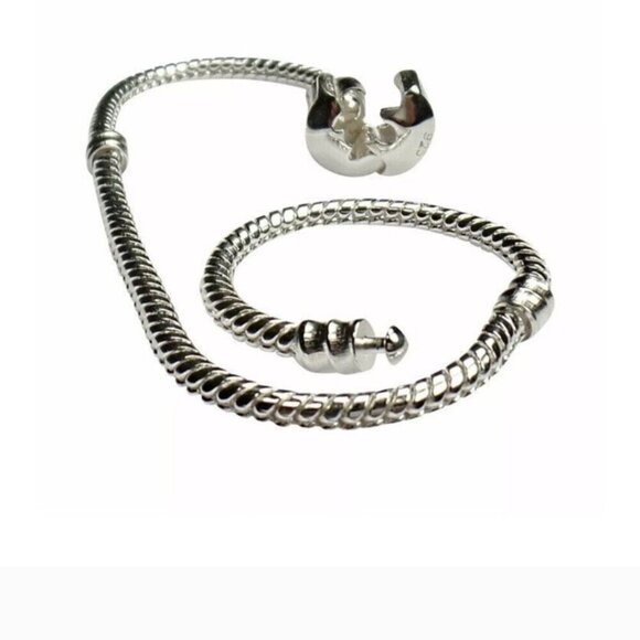 Sterling Silver S925 Snap Clasp Snake Chain European Charm Bracelet about 8" - Picture 7 of 8